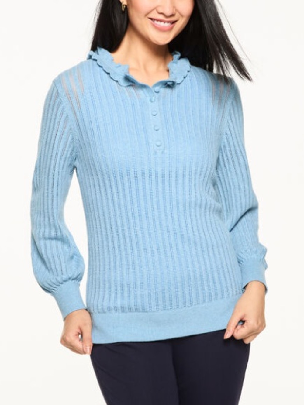 307. Talbots Ruffle Collar Pointelle Ribbed Cotton Sweater Light Blue Size L